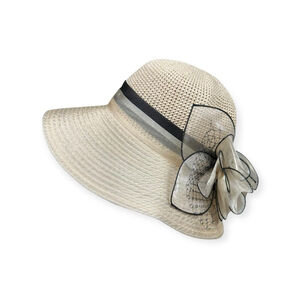 Yayilu Cream Straw Hat With Organza Flower Bow